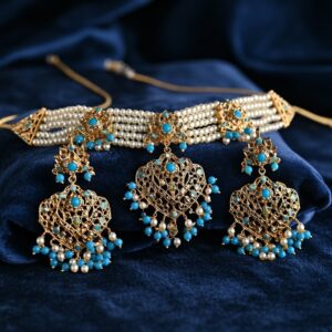 Choker with White and Blue Pearls with Jadau Pendants