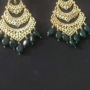 Emerald Green Beaded Kundan Chandbali Earrings