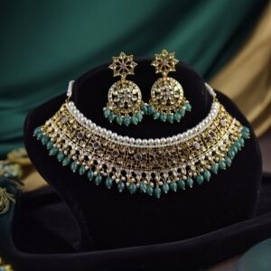 Jadau Pearl & Green Drop Guluband Set